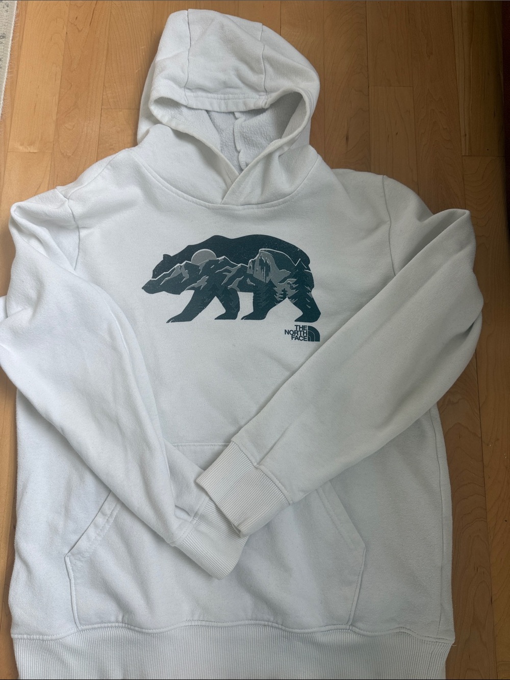 The North Face White Hoodie with Dark Gray Mountain Bear Graphic